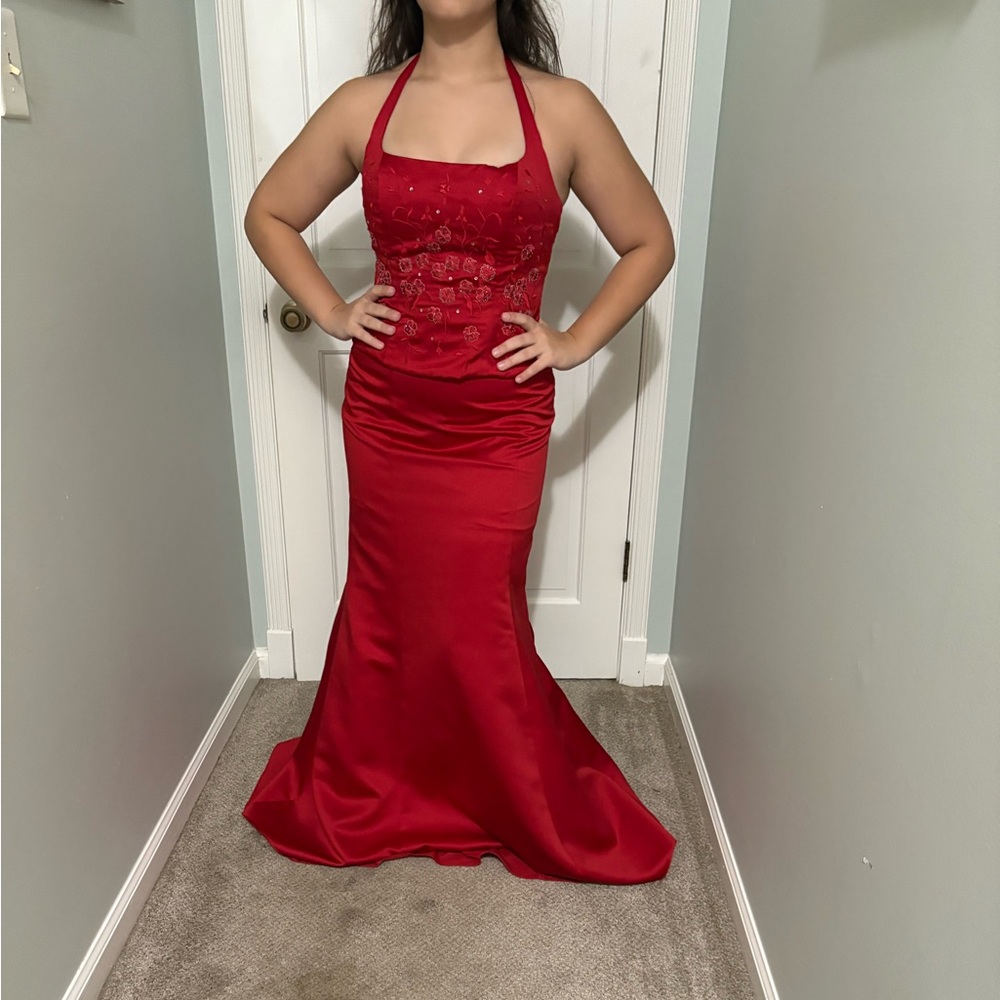 Alfred Angelo Red Satin 2 piece Halter Evening Dress